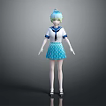 3D Anime Character With Light Blue Hair In Sailor Uniform And Polka Dot Skirt