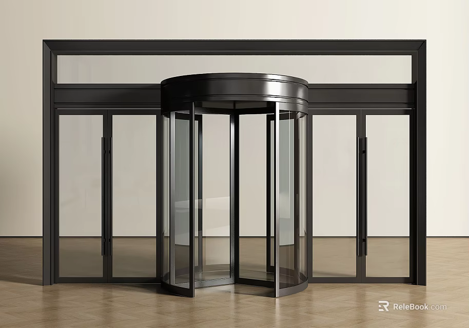 Modern Revolving Glass Door Entrance With Black Frame And Surrounding Glass Panels 3d model 