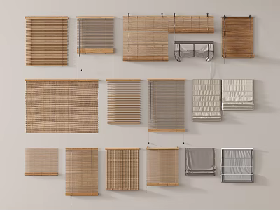Various Bamboo Window Curtains and Blinds in Different Styles Display on Wall 3d model