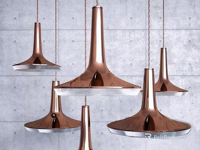 Modern Copper Multiple Chandeliers Sleek Design in Interior with Grey Concrete Wall 3d model