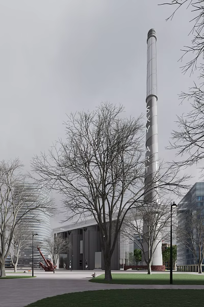 Contemporary Industrial Factory Building With Tall Chimney And Surrounding Trees In Urban Area 3d model