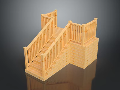 Detailed Wooden Staircase Model Featuring Steps Railings And Platform Structure 3d model