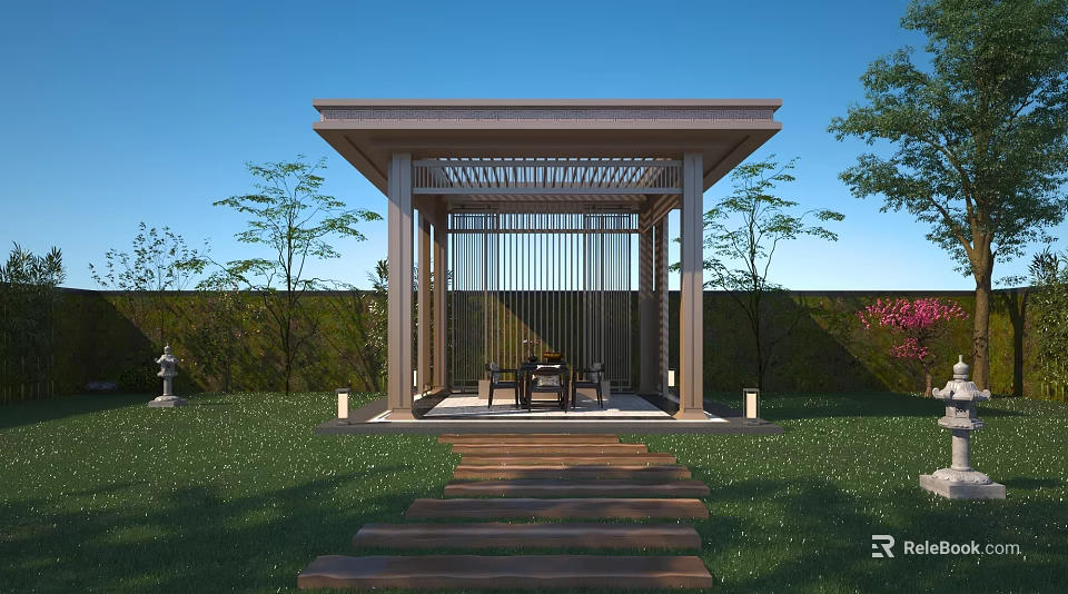 Outdoor Garden Gazebo Design With Lattice Panels Wooden Steps Green Lawn And Stone Lantern 3d model 