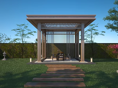 Outdoor Garden Gazebo Design With Lattice Panels Wooden Steps Green Lawn And Stone Lantern 3d model