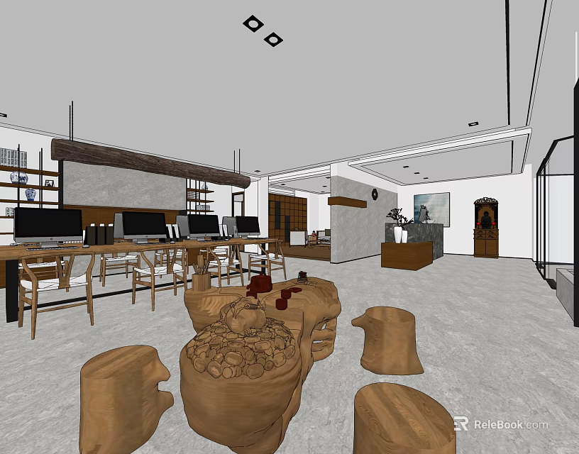 Modern Public Office Space With Open Layout Desks Chairs Bookshelves And Wooden Stumps 3d model 