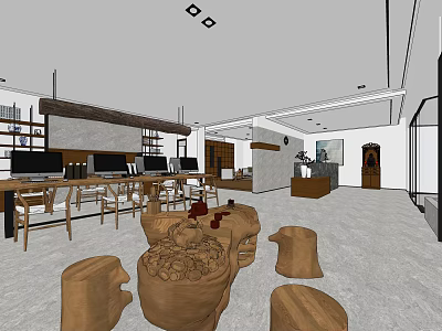 Modern Public Office Space With Open Layout Desks Chairs Bookshelves And Wooden Stumps 3d model