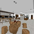 Modern Public Office Space With Open Layout Desks Chairs Bookshelves And Wooden Stumps