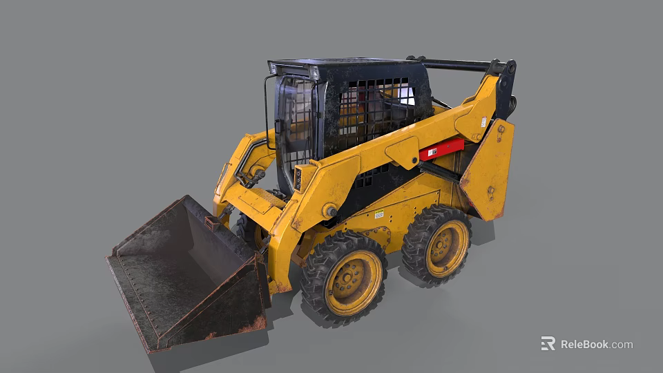 Yellow Skid Steer Loader With Front Bucket Black Cab And Heavy Duty Tires 3d model 