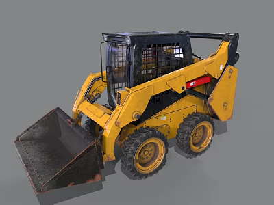 Yellow Skid Steer Loader With Front Bucket Black Cab And Heavy Duty Tires 3d model