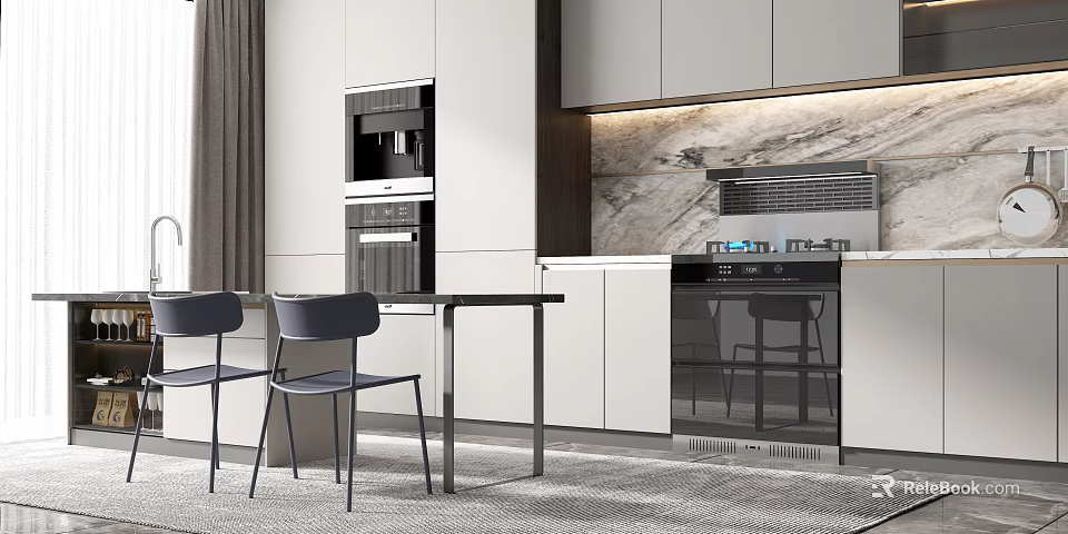 Modern Open Concept Kitchen Interior With White Cabinets Appliances Dining Table And Chairs 3d model 