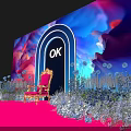 Floral Decorations Around Blue Archway With Pink Chair And Colorful Cloud Background