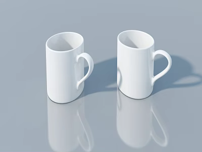 Two White Ceramic Mugs With Handles On Reflective Gray Surface 3d model