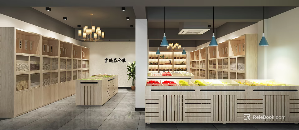 Modern Supermarket Interior Design With Wooden Shelves Fruit Displays And Pendant Lights 3d model 