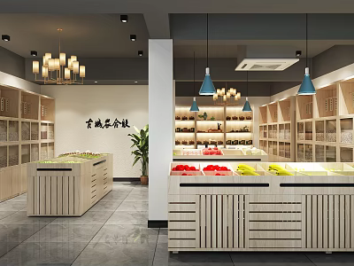 Modern Supermarket Interior Design With Wooden Shelves Fruit Displays And Pendant Lights 3d model