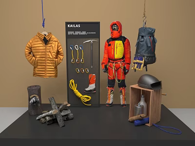 KAILAS Outdoor Backpack Display With Hiking Tools Puffer Jacket And Climbing Gear 3d model