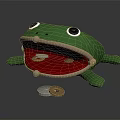 Green Frog Decorative Ornament Set With Red Mouth And Metallic Clasp Holding Coins