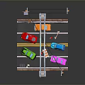 Modern Traffic Scene With Colorful Cars On Road And Metal Bridge Structure