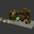 Colorful Tropical Fish Swimming Near Mossy Rock With Red Green Flowers And Coral Decor
