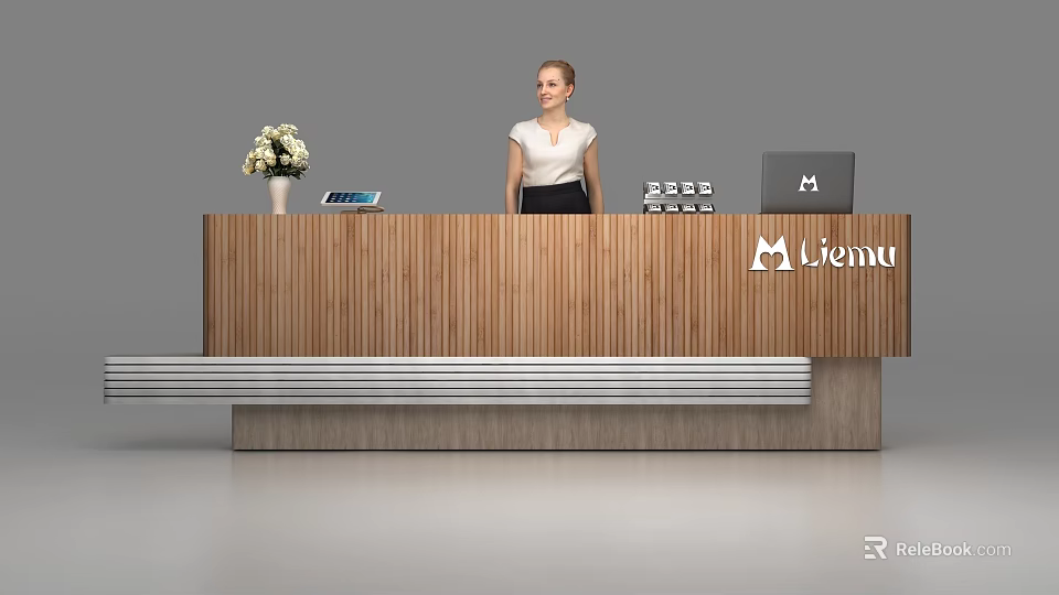 Modern Wooden Reception Desk With Flower Vase Tablet Laptop And Menu Logo 3d model 