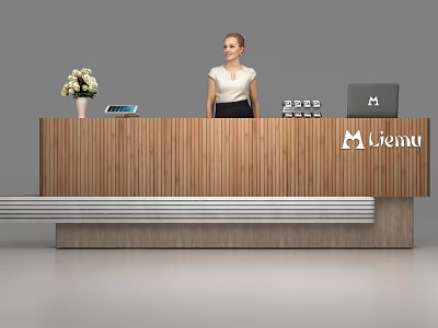 Modern Wooden Reception Desk With Flower Vase Tablet Laptop And Menu Logo 3d model