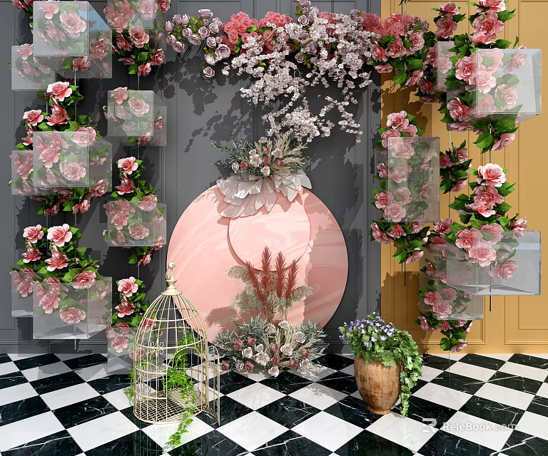 Elegant Vase With Pink And White Flowers Birdcage Green Plants On Black White Checkered Floor 3d model 