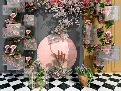 Elegant Vase With Pink And White Flowers Birdcage Green Plants On Black White Checkered Floor 3d model