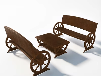 Rustic Wooden Leisure Chairs With Wheel Design And Side Coffee Table 3d model