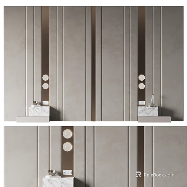 Modern Bedroom Accent Wall With Neutral Tones Vertical Strips Circular Accents And Marble Shelves 3d model 