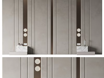 Modern Bedroom Accent Wall With Neutral Tones Vertical Strips Circular Accents And Marble Shelves 3d model