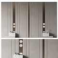 Modern Bedroom Accent Wall With Neutral Tones Vertical Strips Circular Accents And Marble Shelves