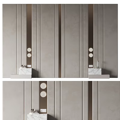 Modern Bedroom Accent Wall With Neutral Tones Vertical Strips Circular Accents And Marble Shelves 3d model