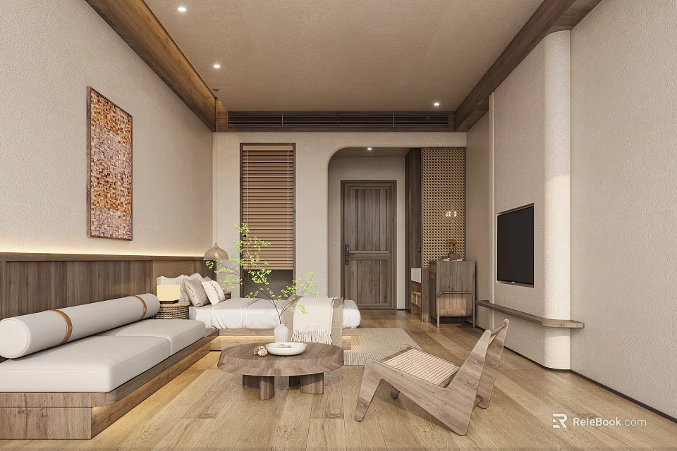 Natural Wooden Living Room Interior With Sofa Coffee Table TV And Decorative Painting 3d model 