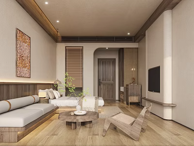 Natural Wooden Living Room Interior With Sofa Coffee Table TV And Decorative Painting 3d model
