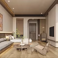 Natural Wooden Living Room Interior With Sofa Coffee Table TV And Decorative Painting
