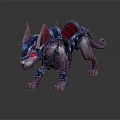 Fantasy Armored Creature With Purple Body Spiked Ears Blue Glowing Accents And Red Saddle