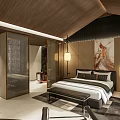 Modern Hotel Room Interior With Wooden Ceiling Stone Wall Large Windows TV Desk And Bed