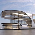 Modern Architectural Office Building With Curved Glass Facade And Open Ground
