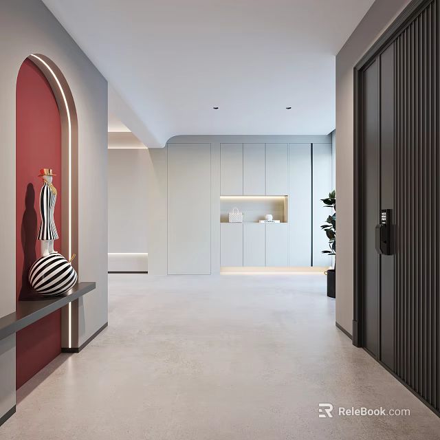 Modern Entryway Hallway Interior With Storage Cabinets Archway And Decorative Vase 3d model 