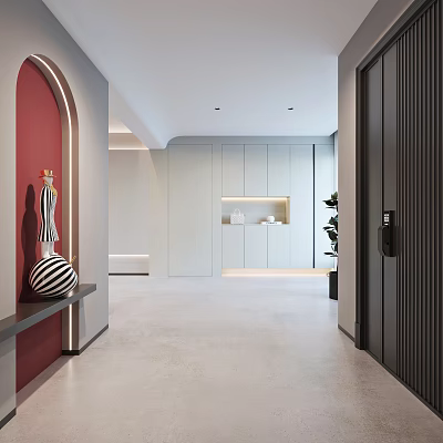 Modern Entryway Hallway Interior With Storage Cabinets Archway And Decorative Vase 3d model