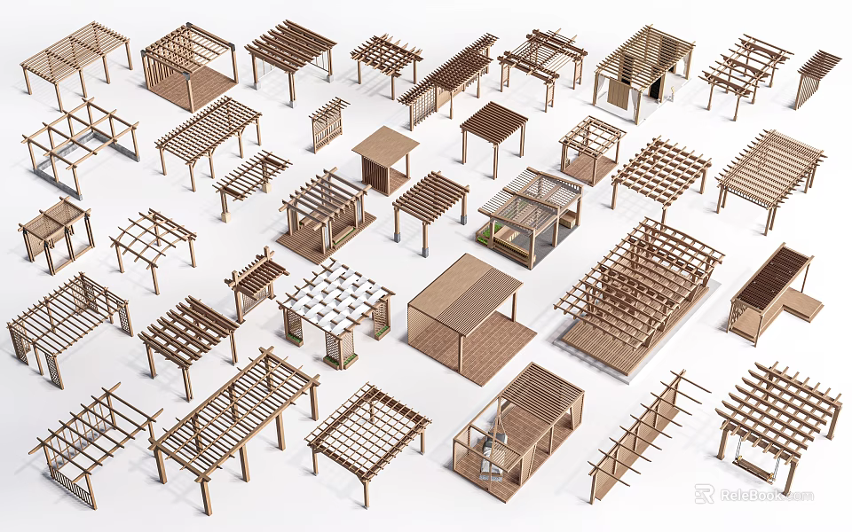 Various Wooden Pergola Designs For Outdoor Garden And Patio Structures 3d model 