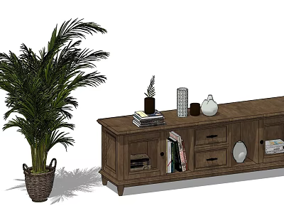 Wooden TV Stand With Books Decorations Green Plant Drawers And Open Shelves 3d model
