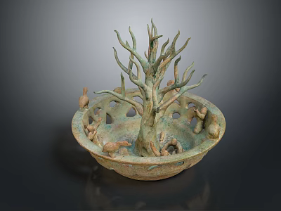 Decorative Bowl Sculpture With Tree Shaped Center And Small Animal Figures 3d model