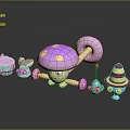 Cute Mushroom Character With Pink Cap And Small Blue Creatures In Playful Scene