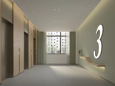 Elevator Lobby With Elevator Doors Light Walls Gray Flooring Window And Number 3 3d model