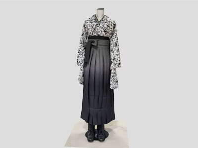 Elegant Traditional Kimono Style Coat With Pleated Skirt And Black Boots 3d model