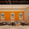 SUPER FOOD Restaurant Interior With Orange Walls Tables Chairs And Menu Screens
