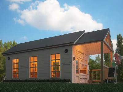 Detached House Exterior Featuring Gray Roof Large Windows Porch Balloons Green Lawn And Trees 3d model