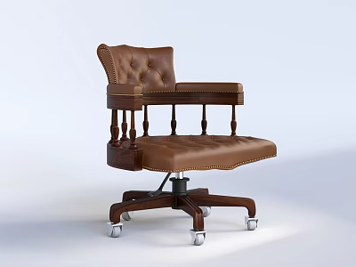 Brown Leather Office Chair With Tufted Backrest Armrests And Swivel Wheels 3d model