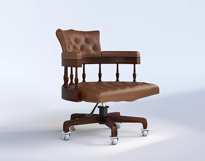Brown Leather Office Chair With Tufted Backrest Armrests And Swivel Wheels 3d model