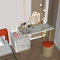 Luxury Dressing Table With Marble Countertop Golden Legs Mirror Cosmetics And Orange Stool